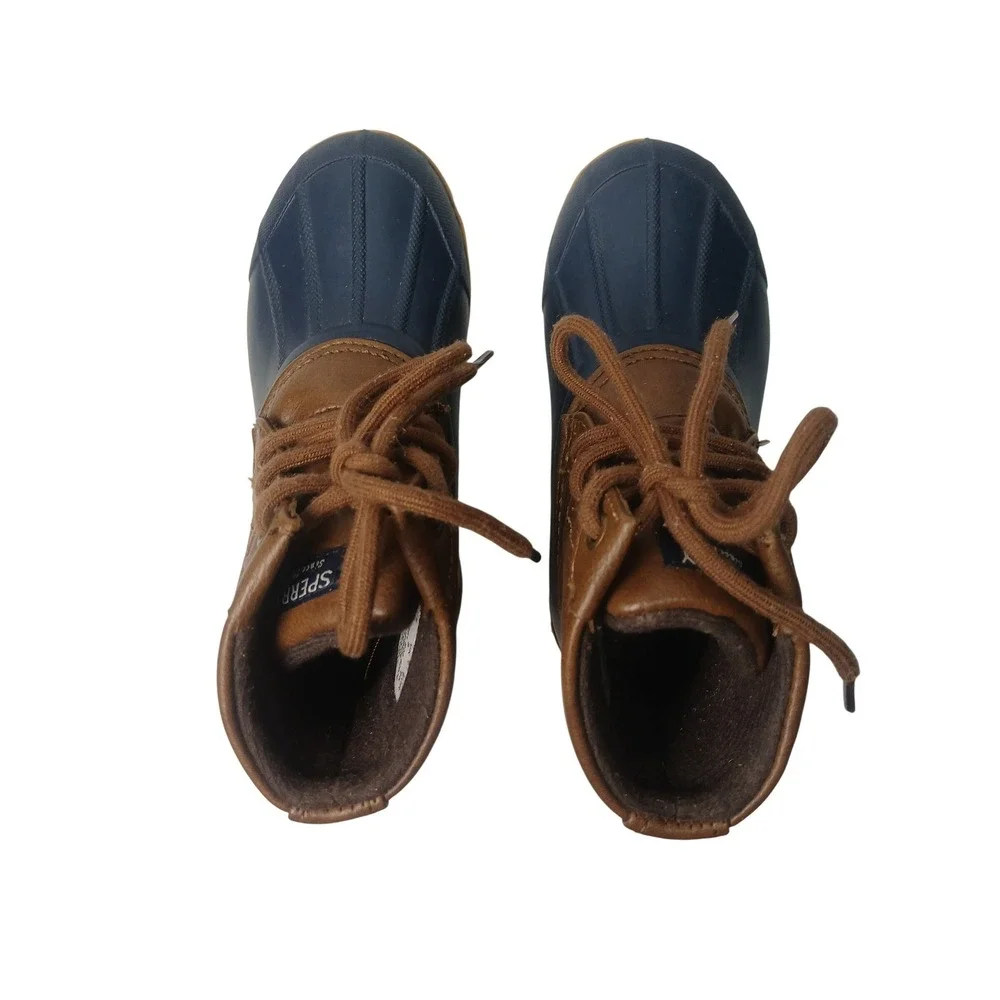 Sperry Port Duck Boots Kids Size 9M Navy Blue Brown All-Weather Lace Up